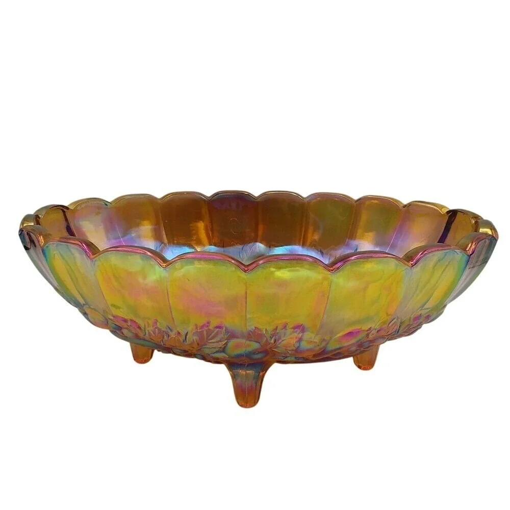 Vintage Iridescent Carnival Glass Bowl Oval Footed Harvest Grape Fruit ‎ 12x9
